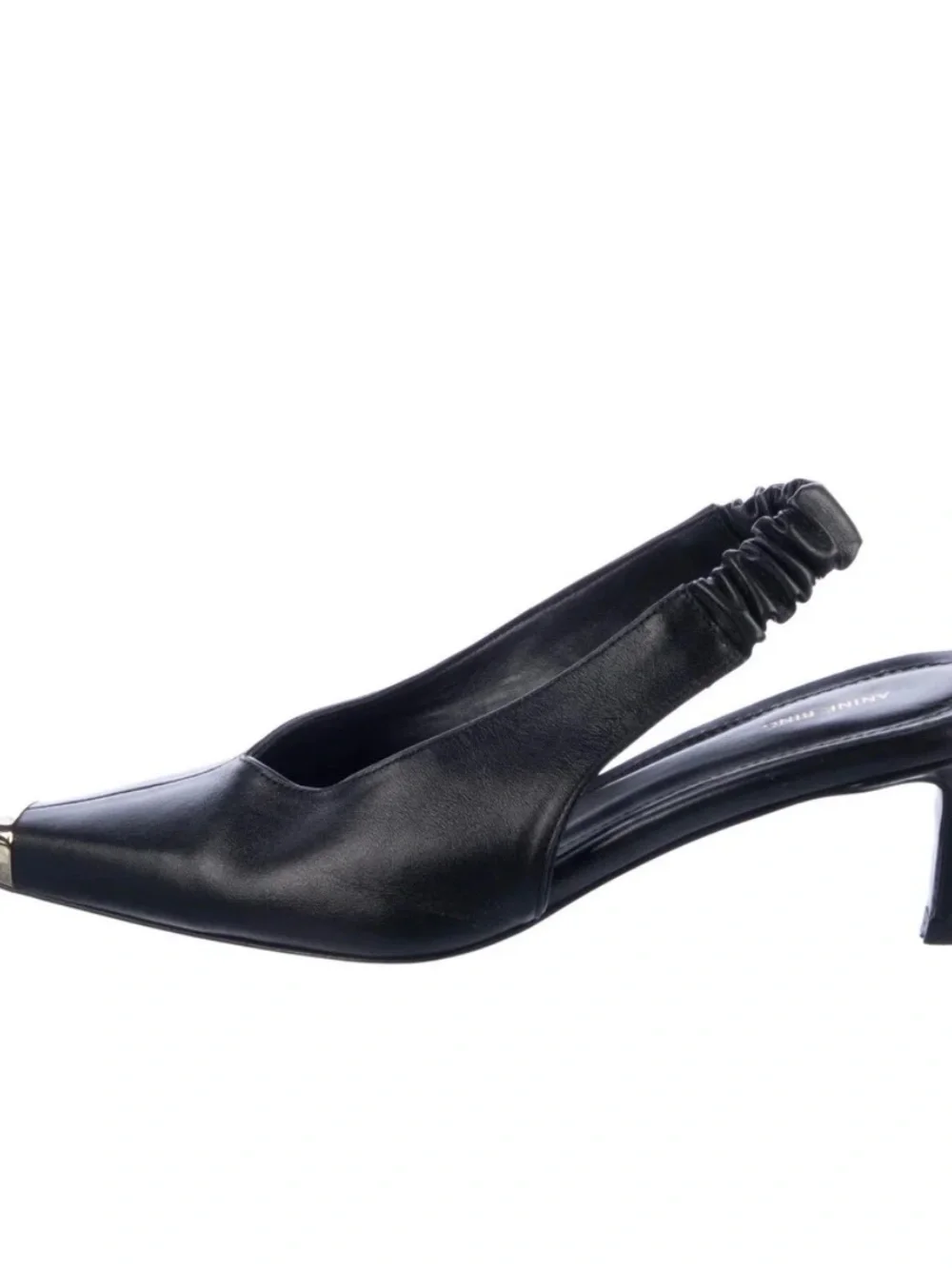 Anine Bing Black Leather Pointed Slingback Heels with Metallic Toe